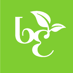 White initials B and E with a leaf sprouting from the E on a lime green background.